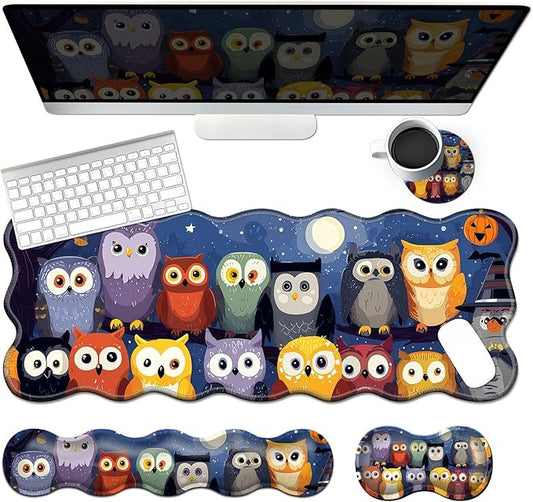 4-Piece XXL Gaming Mouse Pad Set (31.5"x11.8") with Keyboard Wrist Rest,Mouse Wrist Support & Coaster,Ergonomic Non-Slip Desk Mat for Office & Home,Colorful Night Owls