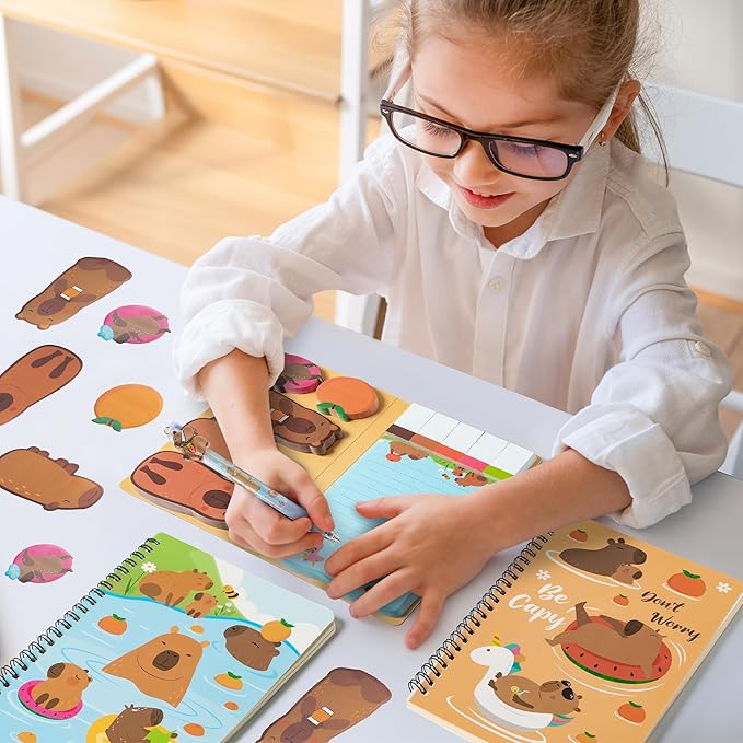 B1ykin Stationery Gift Set - 3Pcs Notebook Sticky Notes, Kawaii A5 Spiral Notebooks & 550 Sheets Cute Sticky Notes with Pens Kit for Office School Kids Students Birthday Supplies (Capybara)