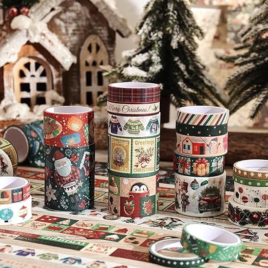 25 Rolls Christmas Gift Washi Tape Set, Festivals New Year Decorative Tapes for Scrapbooking, Junk Journal supplies, DIY Crafts Gift, Party Decorations, Bullet Journaling, 5-50mm Wide 9.84ft long/Roll
