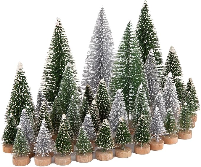 LOVEINUSA 45PCS Colorful Mini Christmas Trees, Snow Frosted Sisal Trees Colored Bottle Brush Xmas Trees with Wooden Base for Xmas Winter Home Table Decoration