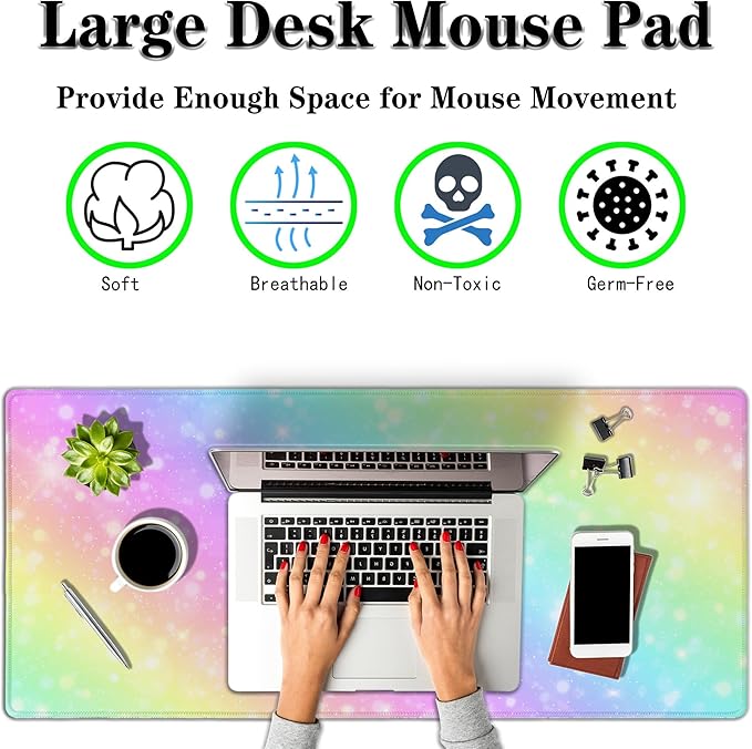 Large Mouse Pad Pink Gaming Mouse Pads Desk Mat for Women Computer Desk Pads Desk Pad Mat Non-Slip Rubber Base 35.4 X 15.7 for Game Office, Shiny Colorful Rainbow Background