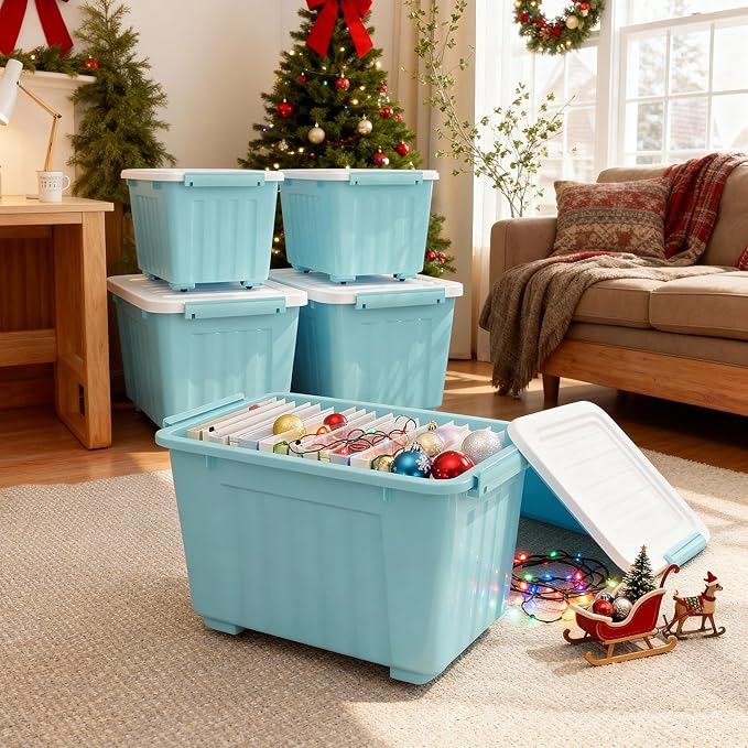 Nazhura 97 Quart Plastic Storage Bin, Stackable and Nestable Storage Boxes with White Lids and Secure Latching Buckles, Large Storage Container (Blue, 97Quart-6Pack)