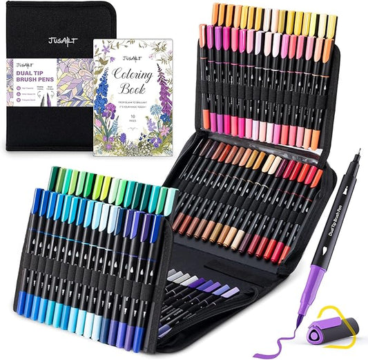 JusArt Markers for Adult Coloring Books No Bleeding, Coloring Markers with Dual Tips, Fine & Brush Pens with Ergonomic Triangle Grip & 33% More Ink, Water-Based Art Drawing Set for Adults, 100 Colors