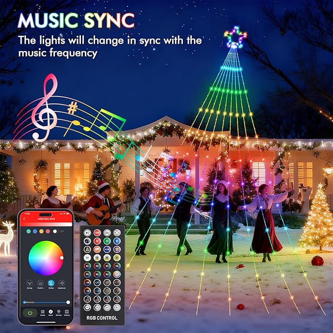 Outdoor Christmas Decorations, 12FT Smart RGB Color Changing Christmas Hanging Waterfall String Lights, APP Remote Control, DIY Multi-Color Lightshow, Music Sync, Outside Xmas Lights Decor