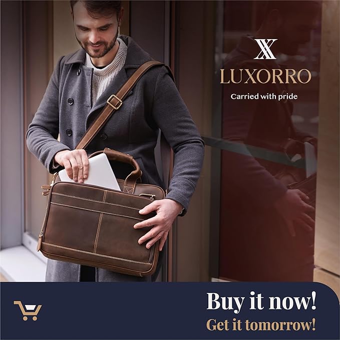 Luxorro Full-Grain Leather Briefcases for Men, Leather Laptop Briefcase For Men, Leather Bag, Leather Computer Bag For Men