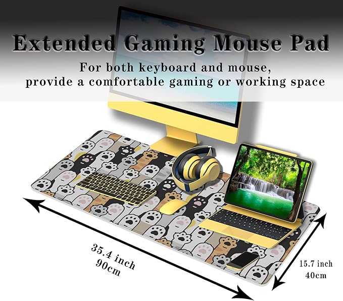 Office Desk Pad Cat Paws Cute Mouse Mat Large Gaming Mouse Pads Desk Mouse Pad Long Desk Pad Non-Slip Rubber Base Waterproof with Stitched Edges 35.4 X 15.7 for Game Office,