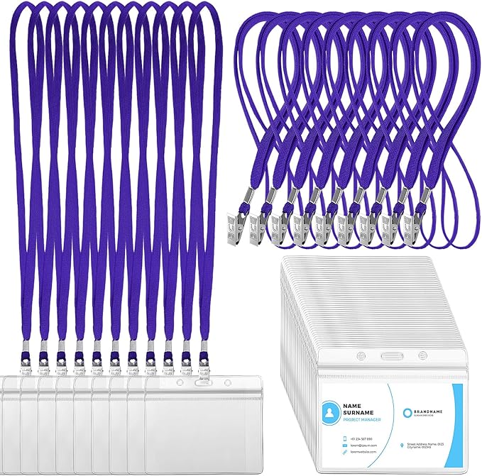 Marspark 100 Sets Clear Name Tags with Lanyard, Lanyards for ID Badges Reusable Strap with ID Holder Plastic Name Badges for Adults Business School Church Conference (Dark Purple)