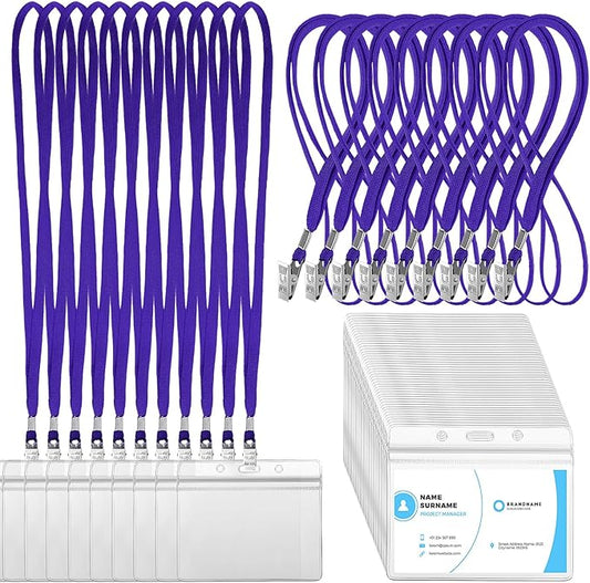Marspark 100 Sets Clear Name Tags with Lanyard, Lanyards for ID Badges Reusable Strap with ID Holder Plastic Name Badges for Adults Business School Church Conference (Dark Purple)