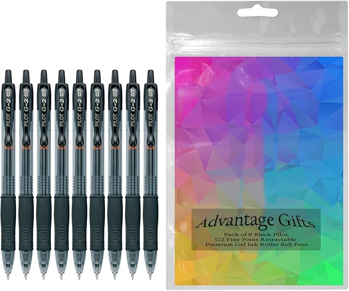 G2 Retractable Premium Gel Ink Roller Ball Pens Fine Point Fine Point (.7mm) Black Ink 9-pk; Refillable & Premium Comfort Grip Bundle with Plastic Reusable Pouch