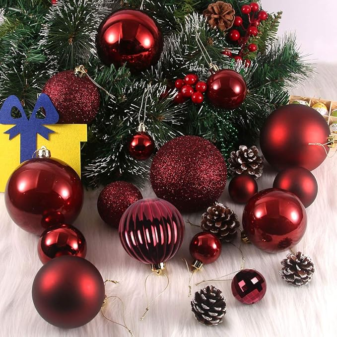 Maroon 2.5" Christmas Balls Christmas Tree Decoration Ornaments Shatterproof Hanging Balls for Birthday Halloween Holiday Wedding Decorations Set of 24pcs