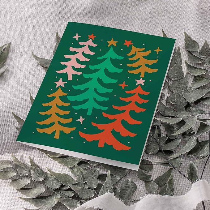 Ritzy Rose 24-Pack Retro Christmas Greeting Cards with White Envelopes – 4 Boho Scandinavian Inspired Designs – Vintage Holiday Tree Motifs, Festive Artistic Stationery, Premium Box Set Holiday Cards.
