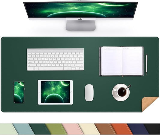 Leather Desk pad Protector, Large Desk mat with Natural Cork & PU Leather,Mouse pad,Non-Slip Office Desk Mat,Waterproof Desk Writing Pad for Office and Home (35in*17in, Dark Green)
