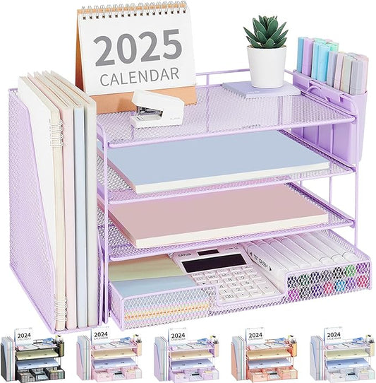 OPNICE Desk Organizer and Accessories, 4-Tier Desktop File Organizer with Drawer and 2 Pen Holders, Office Desk Accessories, File Sorters, Workspace Organizers for Office Supplies(Purple)