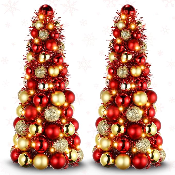 Meooeck 2 Pcs Christmas Ball Tree with Lights 16 Inch LED Fireplace Table Holiday Xmas Tree Decorations Tabletop Christmas Beach Decorations for Party(Red,Gold)
