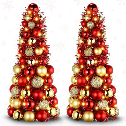 Meooeck 2 Pcs Christmas Ball Tree with Lights 16 Inch LED Fireplace Table Holiday Xmas Tree Decorations Tabletop Christmas Beach Decorations for Party(Red,Gold)