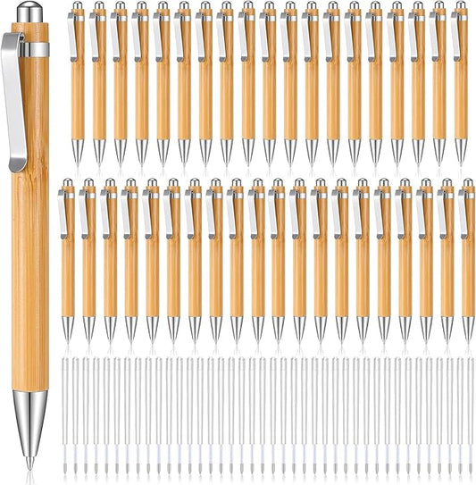 Fainne Bamboo Retractable Ballpoint Pen Engraving Wooden Black Ink 1mm Thank You Wooden Pens Writing Office School Supplies for Teacher Coworker Student Journal Graduation Gifts(40 Pcs)