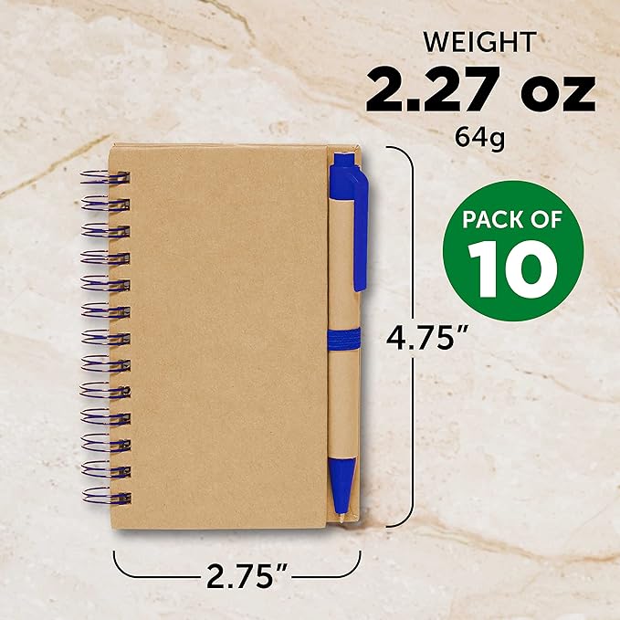 Mini Spiral Notebooks with Black Ink Pens Set of 10, Bulk Pack - Perfect for School, Office, Business, Home - Blue