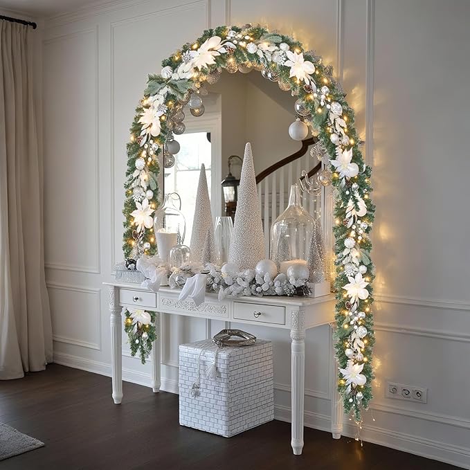 Lighted Christmas Garland for Mantle,Fireplace,Stairs, Garland for Front Door Pre-lit 6 feet Winter White Silver Poinsettia Garland with 25 LED Lights,Timer & Battery Operated.in/Out Door Decor