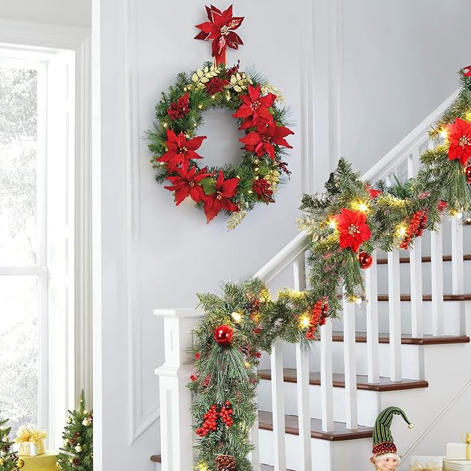 LinTimes 6ft Christmas Garland with Lights, Battery Operated Garland Christmas Decoration with Red Poinsettia Pinecones Ball Ornaments, Christmas Mantle Decorations Staircase Fireplace Decor