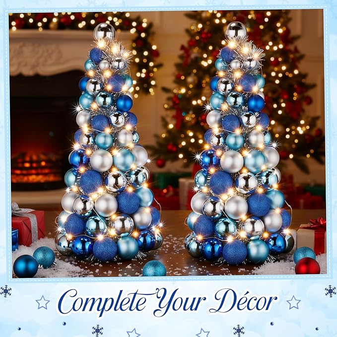 Meooeck 2 Pcs Christmas Ball Tree with Lights 16 Inch LED Fireplace Table Holiday Xmas Tree Decorations Tabletop Christmas Beach Decorations for Party (Blue,Silver)