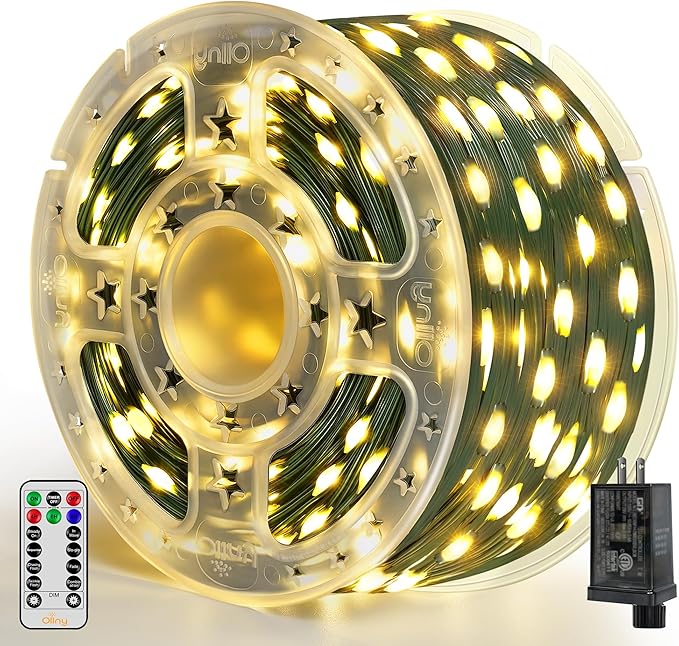 Ollny Christmas Lights 800 LED 262 FT Plug in, IP67 Waterproof Green Wire Outdoor Christmas Lights with Remote, 8 Modes and Timer Outdoor String Light for House Indoor Xmas Decorations (Warm White)