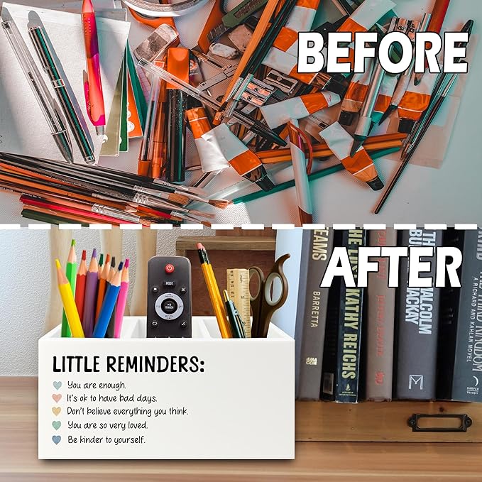 Little Reminders Inspirational Pen Pencil Holder Organizer for Desk, Positive Gifts, Mental Health Motivational Wooden Box Sign for Therapy Counselor Office Classroom Desk Tabletop Decorations