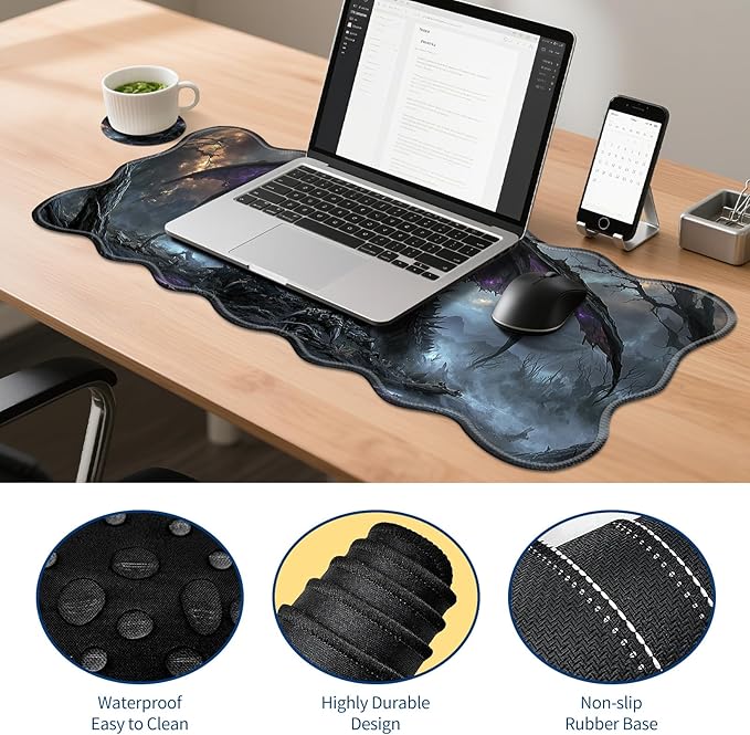 4-Piece XXL Gaming Mouse Pad Set (31.5"x11.8") with Keyboard Wrist Rest,Mouse Wrist Support & Coaster,Ergonomic Non-Slip Desk Mat for Office & Home,Dark Dragon Fantasy