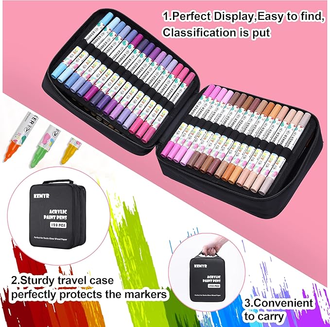 120 Colors Acrylic Paint Pens, Dual Tip Acrylic Paint Markers for Paper, Wood, Canvas, Stone, Rock Painting, Glass, Fabric, DIY, Ceramic, Art Supplies for Kids and Adults Drawing (Dot + Fine)