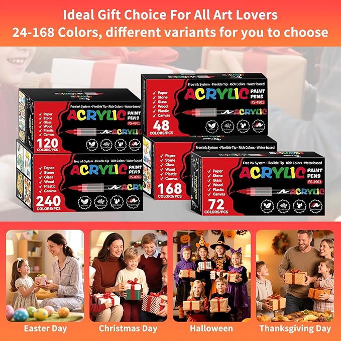 72 Colors Acrylic Paint Markers, Soft Brush Tip Acrylic Markers Set, Paint Pens for Wood, Fabric, Canvas, Glass, Stone, Canvas, Rock Painting and DIY Crafts Art Supplies