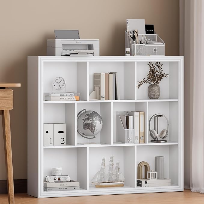 Wooden 10-Cube Storage Organizer, 3-Tier Bookshelf, Wood White Bookshelf, Bookcase, Cubical Storage Shelf with 3 Removable Back Panels for Bedroom Home and Office