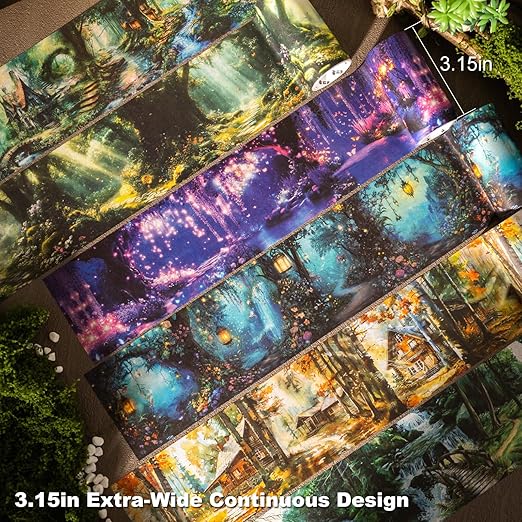 Forest-Themed Seamless Washi Tape Scrapbook Kit – 6 Rolls with Cottage, Waterfall & Fairy Forest Designs for Journaling, DIY Crafts, Gift Wrapping, Card Making and Decoration