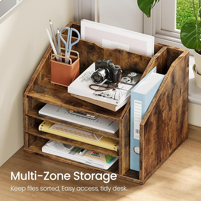 Wooden Desk Organizer with Adjustable Partitions, Multi-Layer Desktop File Holder for Home Office, Paper & Stationery Storage Organizer, Rustic Brown MWJ04FG