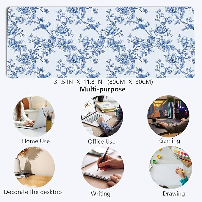 Navy Blue Chinoiserie Mouse Pad,Vintage Blue and White Floral Desk Mat,XL Large Flowers and Birds Preppy Mouse Pad,Girly Laptop Desk Mat for Dorm Home Office,31.5x11.8 Inch