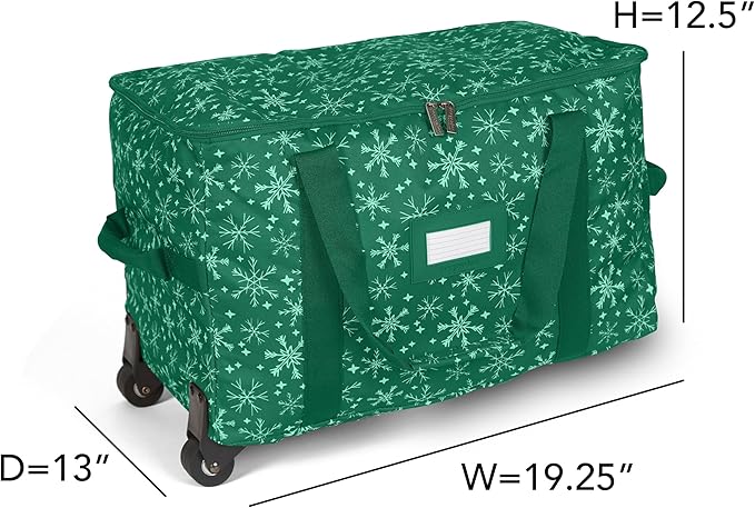 Covermates Keepsakes Rolling Christmas Light Storage Bag - Carrying Handles, ID Window, Dual Wheels - Holiday Storage, Green Snowflake