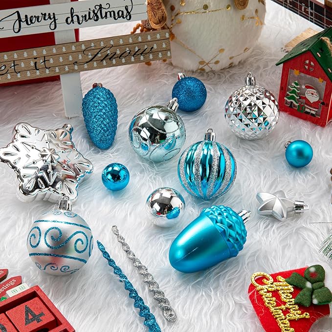 Light Blue and Silver Christmas Ornaments Set, Assorted 110Pcs Balls Ornaments for Xmas Tree, Shatterproof Plastic Baubles Hanging Decorations for Holiday/Party/Wedding
