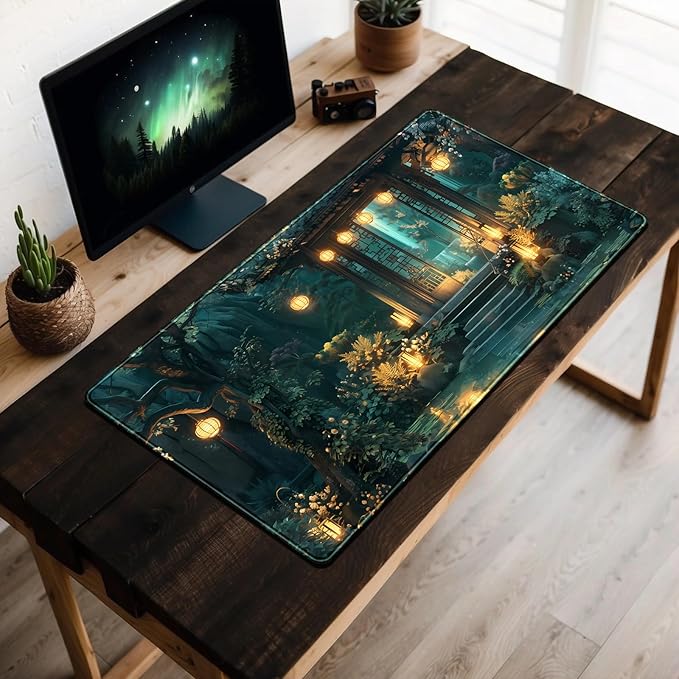 Lofi Desk Mat Japanese Large Mouse Pad Extended Gaming Mousepad XXL Computer Laptop Keyboard Pad Big Mouse Mat Green Aesthetic Desk Pad Office Decor 31.5x15.7 in