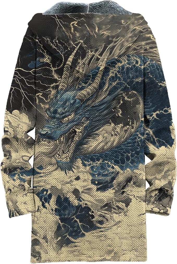 MARSVOVO Mens Cardigan Sweater Cool Graphic Lined Fleece Long Coat Zip With Pockets Fashion Coat Warm Fitted Jacket