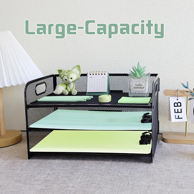 Paper Letter Tray with Handle, 3 Tier Metal Mesh Desk File Organizer, A4 Paper Desktop Filing Trays, Desk Tidy Magazine Document Holder for Home Office, Black