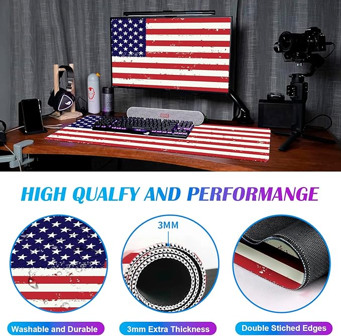 Large Gaming Mouse Pad with American Flag, XXL Laptop Mouse and Keyboard Pad, 35.4 x 15.7-Inch Office Desk Decoration
