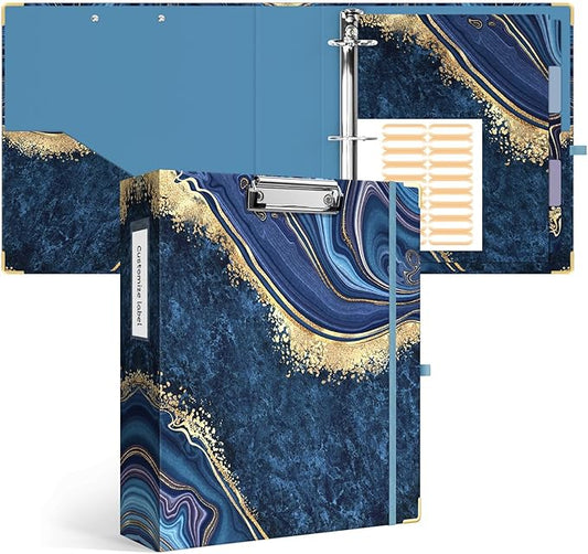 Ospelelf 3 Ring Binder, 2 Inch Letter Size (11" x 8.5") with 5 Tab Dividers, File Folder Labels and Low Profile Clipboards, Blue Marble Binder for School and Office Supplies