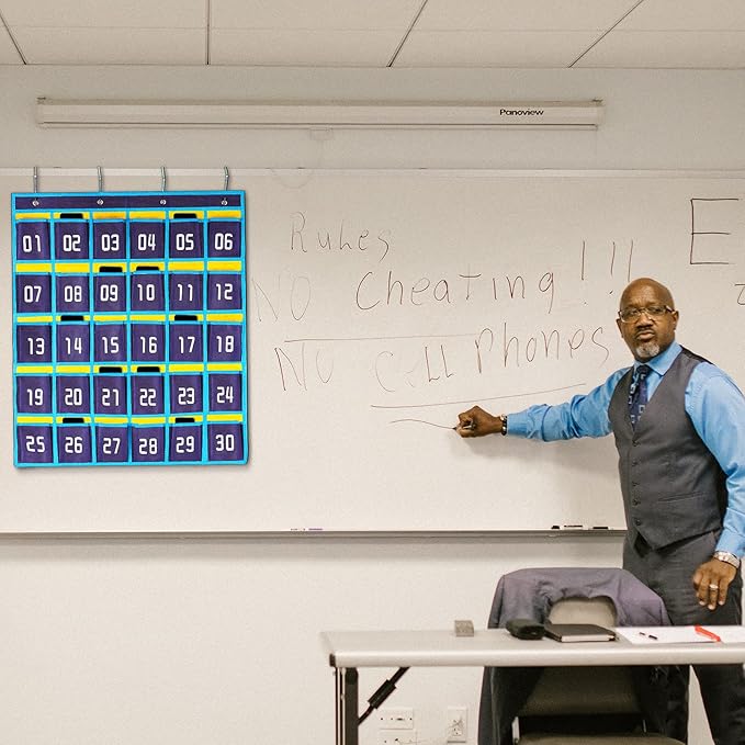 Loghot Numbered Classroom Sundries Closet Pocket Chart for Cell Phones Holder Wall Door Hanging Organizer (30 Pockets Blue)