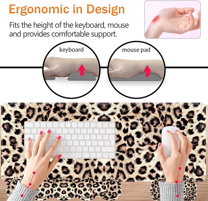 Large XXL Gaming Desk Mat 31.5"x 11.8", Ergonomic Keyboard Wrist Rest & Mouse Pad Wrist Rest + Coaster Set, Non-Slip Base, Memory Foam, Office and Home, Leopard Print