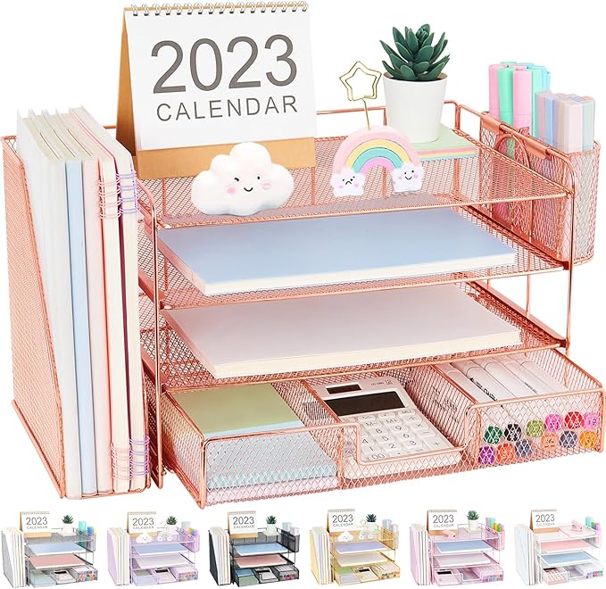 OPNICE Desk Organizer and Accessories, 4-Tier Desktop File Organizer with Drawer and 2 Pen Holders, Office Desk Accessories, File Sorters, Workspace Organizers for Office Supplies(Rose Gold)