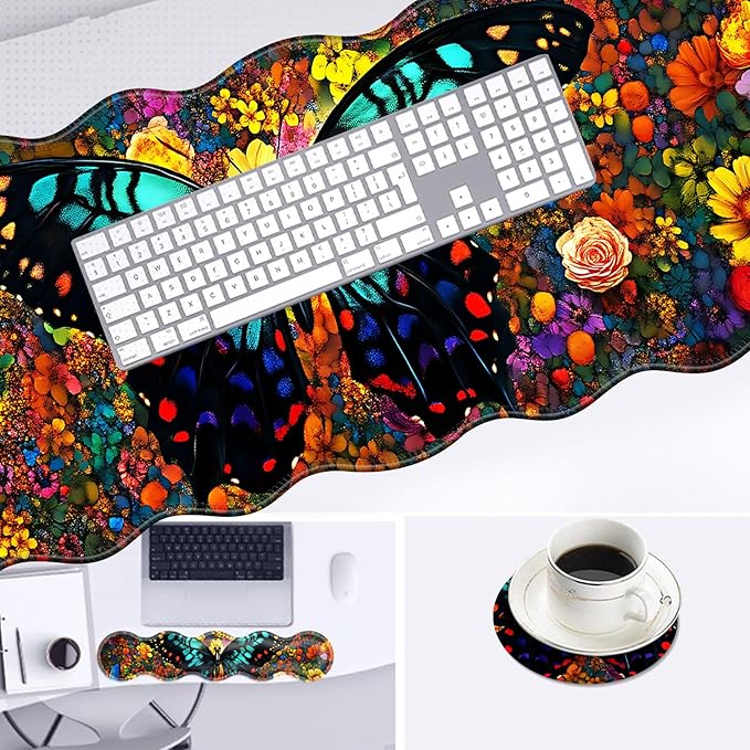 Large Mouse Pad and Keyboard Wrist Rest, Desk Pad for Keyboard and Mouse, 4-in-1 Large Gaming Mouse Pad with Wrist Support, Desk Mat for Home Office Study Game-Vibrant Butterfly On Flowers