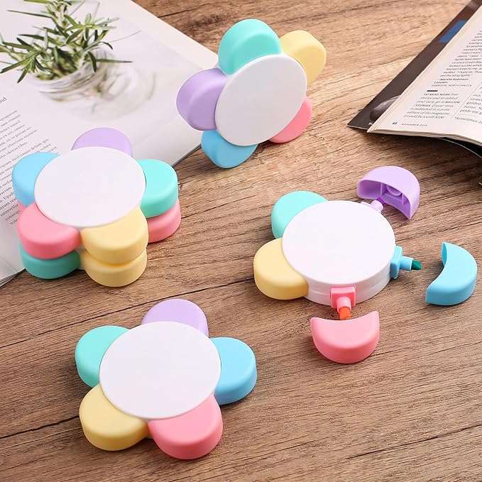 Leery Macaron Petals Highlighters,5-in-1 Flower Shape Watercolor Pen Set, Fluorescent Pastel Markers for Journaling, Note Taking, Office & School Aesthetic Supplies (5)