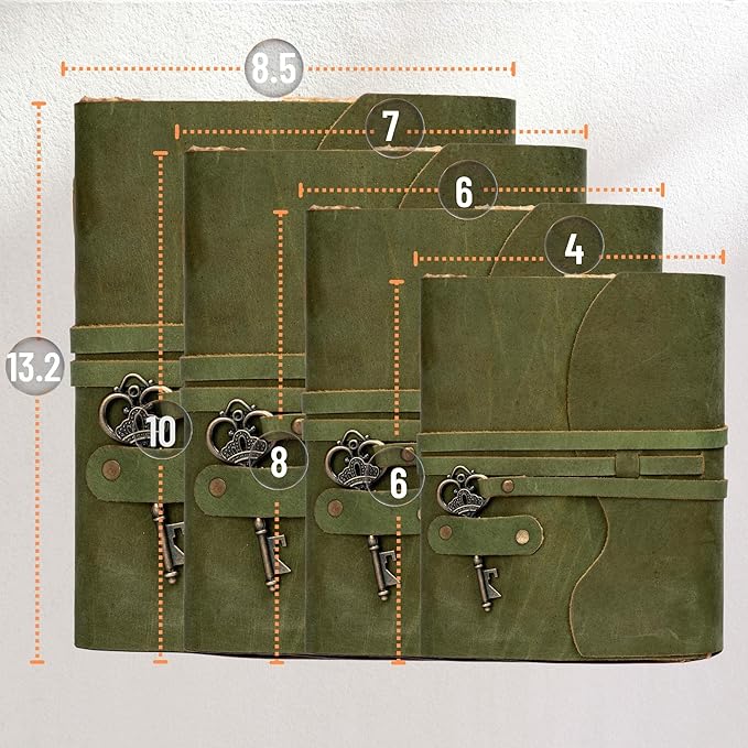 LEATHER VILLAGE Vintage Leather Journal – 200 Handmade Vintage Deckle Edge Paper – Leather bound Journal For Women Men – Vintage Key Closure - Book of Shadows - Green - 13X8 inches