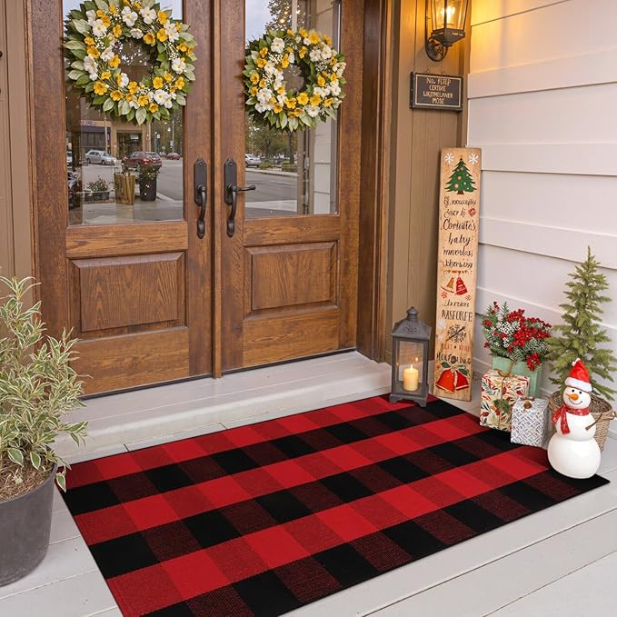 OJIA Christmas Front Door Mat 24"x51", Red Plaid Front Porch Rug Machine Washable Rugs for Kitchen Entryway Doormat Indoor Outdoor Layered Door Mats Farmhouse Throw Rug for Bathroom/Bedroom
