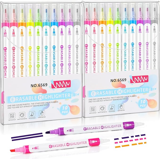 Zhehao 20 Pcs Erasable Highlighters, Smooth Writing Double Head Highlighter for School Office Back to School Supplies Occ Shoebox Gifts