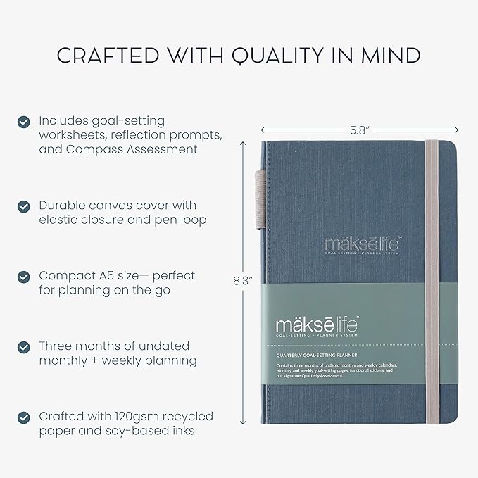 MäksēLife 90-Day Quarterly Planner - Entrepreneur Goal Setting & Project Management, Undated 3-Month Productivity Planner for Small Business Owners, Navy