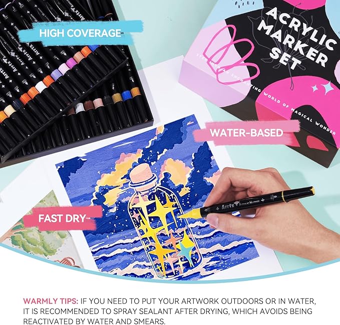Arrtx Paint Markers Paint Pens, 64 Colors Acrylic Paint Pens Dual-Tip for Rock Painting, Ceramic, Wood, Plastic, Scrapbooking, Brush Lettering, Card Making, DIY Crafts (Fine Tip and Brush Tip)